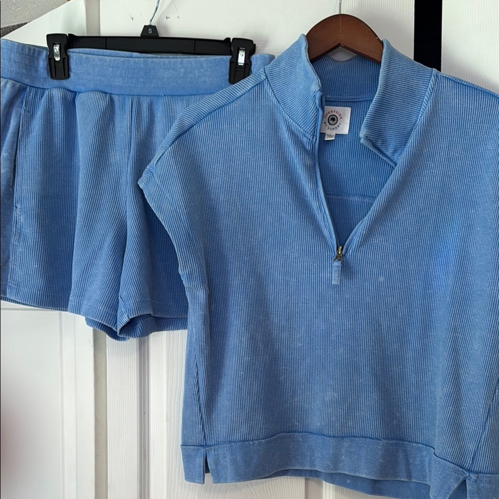 Blue Ribbed Half-Zip Top and Shorts Set